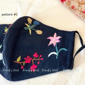 Hand Embroidered Linen Face Mask: Floral Design, 3-Layer with Filter Pocket