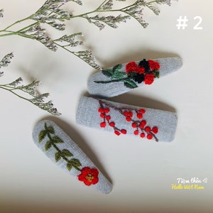 Handmade Embroidered Floral Hair Clip Set: Linen Hair Accessories