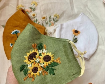 Geborduurd linnen gezichtsmasker met zonnebloem: bloemenmasker voor volwassenen