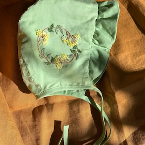 Hand Embroidered Linen Baby Bonnet: Ruffle Brim, Avocado Green
