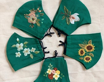 Hand-Embroidered Linen Face Mask: Floral Design, Adjustable Loops
