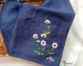 Personalized embroidered handkerchief with floral, embroidered linen handkerchief for woman, 100% cotton handkerchief for ladies