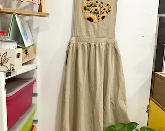 Sunflower embroidered apron for women, hand embroidered pinafore for woman with pure linen fabric