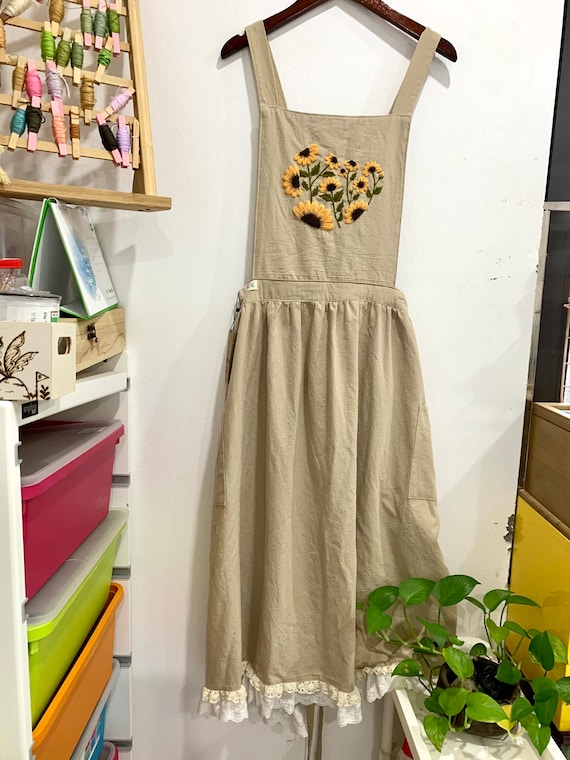 Handmade Linen Apron: Sunflower Embroidered Pinafore Dress - Etsy