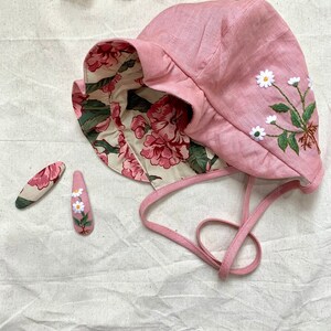 Embroidered baby bonnet, reversible bonnet for girl image 4