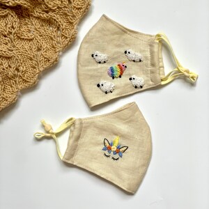 SET 2 PCS Cute embroidered linen face mask for kids, very soft and breathable , prevent sunshine for your baby