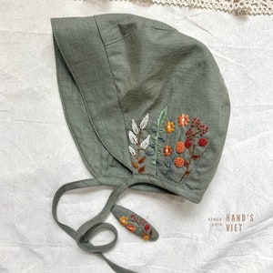 Floral Embroidered Linen Baby Bonnet with Brim