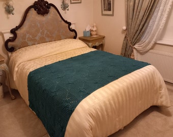 Handmade in Ireland, cotton crochet bed runner, bed throw in  stunning shade of  dark teal super soft 100% Cotton.