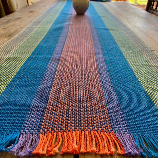 Tissé à la main en Irlande, chemin de table en coton turquoise, couleur orange doux vert lime