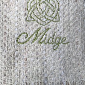 Handwoven in Ireland, Personalised embroidered Cotton chenille scarf  monogrammed, optional celtic motif or lettering/colour of your choice.