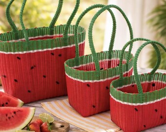 Set of 3 Recycled Plastic Bags, Watermelon Design / Boho Picnic Bags / Handmade Beach Bag / Rustic Kitchen Decor / Handmade
