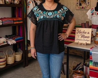 Hand-embroidered Mexican blouse, plus size/Floral cotton artisan top/Ethnic clothing/Boho chic blouse/Gift for her