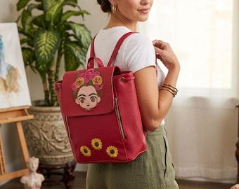 Embroidered Cold Weather Backpack/Mexican Handmade Bag in Red Faux Leather/Backpack with Embroidered Sunflowers/Boho Chic Style Gift for Her
