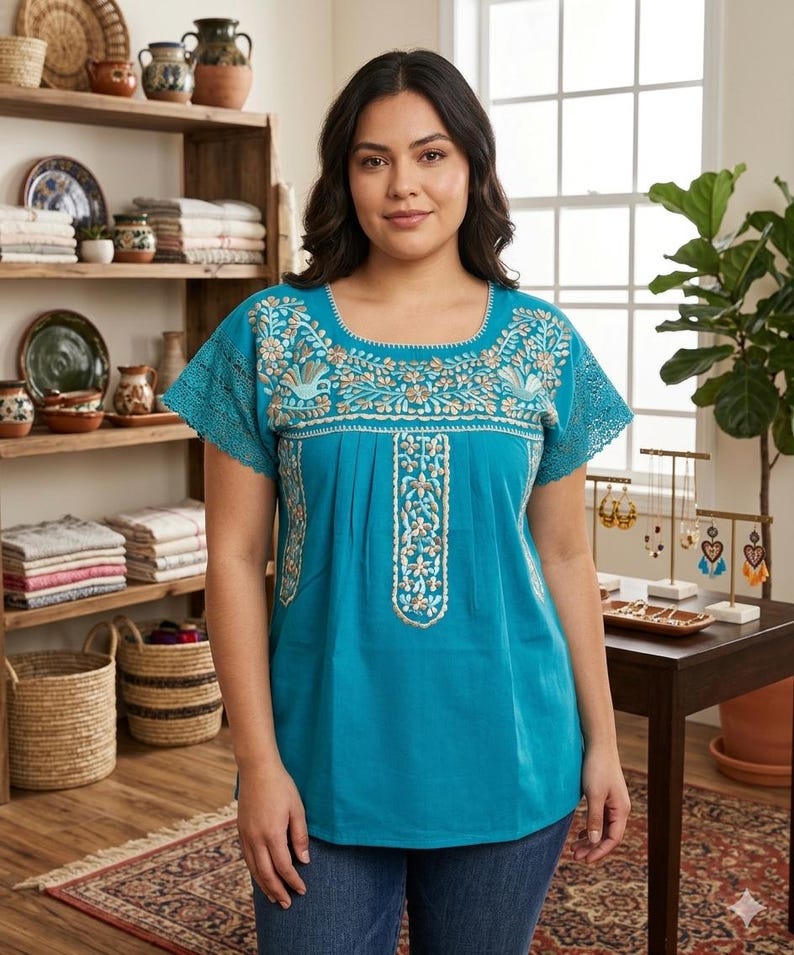 Blusas bordadas/Blusas Mexicanas/Hecho a mano/Cinco de Mayo/Blusas Tradicional Mexicana/Blusa Floral Bordada Talla Mediana turquesa
