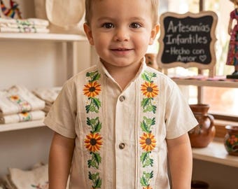 Handmade Guayabera Shirt for Boys with Sunflower Embroidery/Traditional Mexican Clothing for Events and Baptisms/Embroidered Children's Shirt/Size 1T