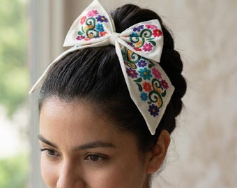Embroidered Hair Bow/Mexican Bow/Floral Embroidery/Traditional Hair Accessory/Gift for Her/Handcrafted Hair Bow