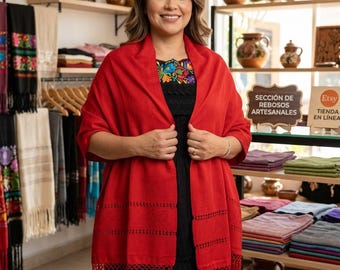 Mexican Handmade Rebozo/Fine Shawl with Drawn Thread Work and Fringe/Elegant Traditional Pashmina/Handmade Gift for Women