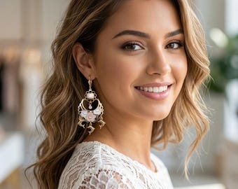Elegant Mexican Filigree Earrings with Hanging Butterflies and Dolphins, Three-Tone Gold Chandelier Earrings, Mexican Handmade Jewelry