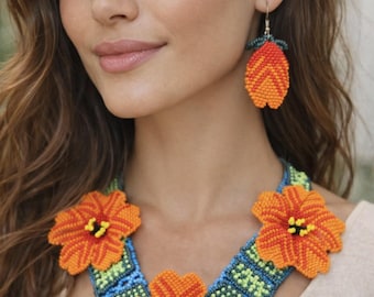Mexican Necklace, Ladies' Necklace, Handmade Statement Necklace, Ladies' Bold Necklace, Beaded Necklace, Necklace and Earring Set