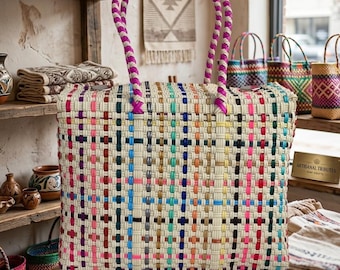 Mexican Handwoven Plastic Bags/Durable Artisan Tote Bag/Boho Beach Bag/Mexican Market Bag/Lunch Tote Bag