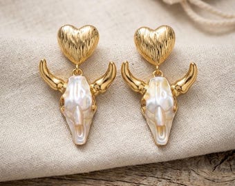 Bull Skull Earrings with Golden Heart/Boho Western Cowboy Earrings/Handmade Western Style Jewelry