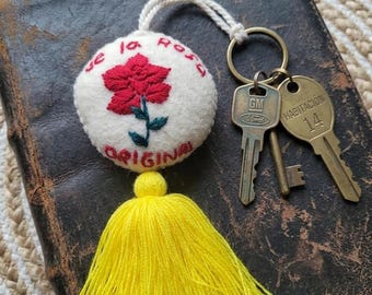Handmade Marzipan Keychain/Embroidered Sunflower Keychain/Traditional Keychain/Marzipan Pom-Pom/Handmade/Marzipan Embroidery/Mexican Tassel/Pom-Pom