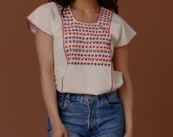 Hand-embroidered Mexican blouse/Natural cotton huipil/Traditional floral top/Handmade Boho clothing/Unique handmade gift