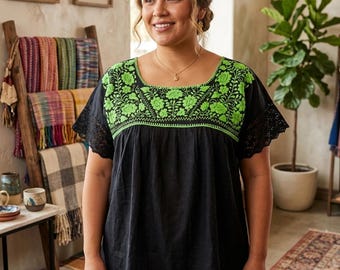Blusa mexicana bordada a mano Talla Grande/Top Artesanal Floral de Algodón/Ropa étnica/Blusa Boho Chic/Regalo para ella