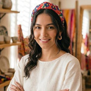 Puede incluir: Una mujer con una diadema roja con un estampado floral. La diadema tiene flores azules, amarillas y blancas. Lleva una blusa color crema y pendientes de aro dorados. Tiene los brazos cruzados.