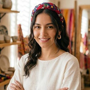 Puede incluir: Una mujer lleva una diadema roja con un estampado floral. La diadema, con su dise&ntilde;o trenzado y flores bordadas de colores, es el punto focal. Viste una camisa crema de manga larga y pendientes de aro dorados. El fondo incluye estanter&iacute;as y un espejo.