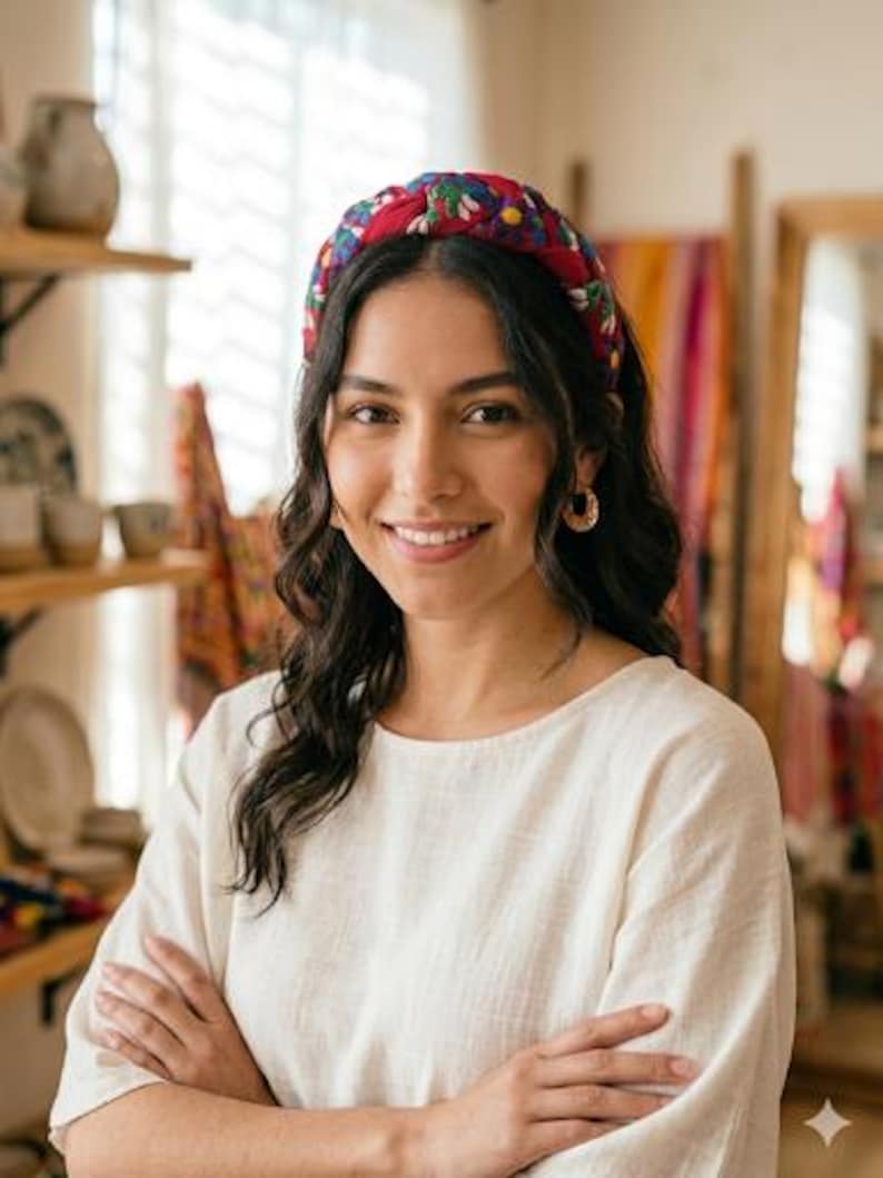 Puede incluir: Una mujer lleva una diadema roja con un estampado floral. La diadema, con su dise&ntilde;o trenzado y flores bordadas de colores, es el punto focal. Viste una camisa crema de manga larga y pendientes de aro dorados. El fondo incluye estanter&iacute;as y un espejo.