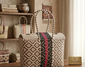 Mexican Handwoven Plastic Bags/Durable Artisan Tote Bag/Boho Beach Bag/Mexican Market Bag/Lunch Tote Bag