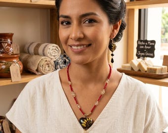 Hand-Painted Ceramic Necklace and Earrings Set / Mexican Jewelry / Handmade / Gift for Her