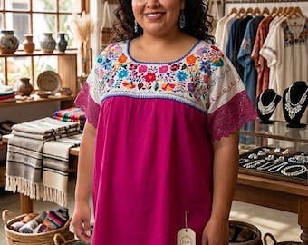 Hand-embroidered Mexican blouse, plus size/Floral cotton artisan top/Ethnic clothing/Boho chic blouse/Gift for her