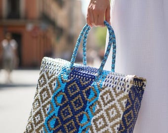 Mexican Handwoven Plastic Bags/Durable Artisan Tote Bag/Boho Beach Bag/Mexican Market Bag/Lunch Tote Bag