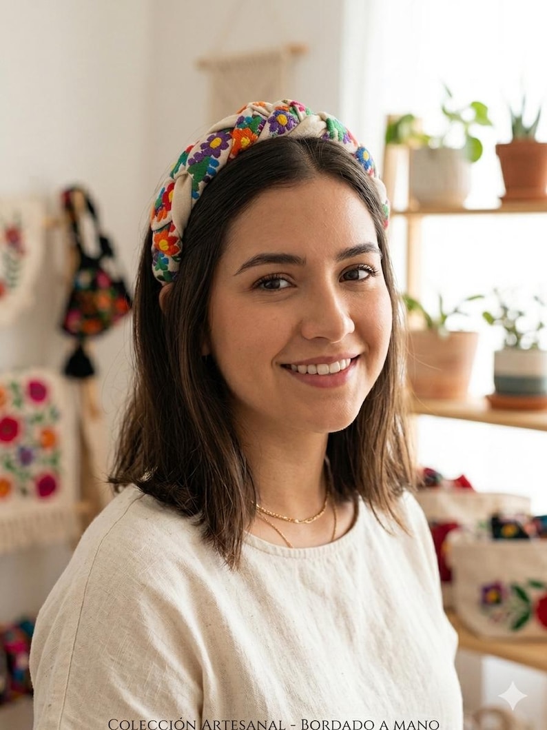 Puede incluir: Una mujer lleva una diadema color crema con un dise&ntilde;o trenzado y flores bordadas en varios colores. La diadema es el punto focal, con el texto "COLECCI&Oacute;N ARTESANAL - BORDADO A MANO" en la parte inferior.