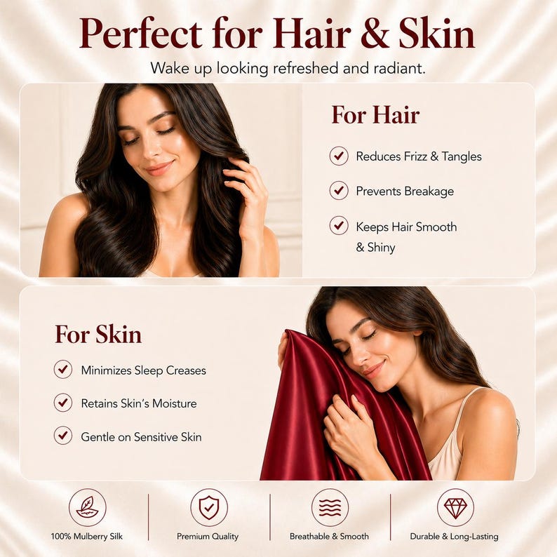 K&ouml;nnte beinhalten: Werbung f&uuml;r Haar- und Hautpflegeprodukte. Das Bild zeigt eine Frau mit langen, dunklen Haaren und eine andere Frau, die ein bordeauxfarbenes Seidenkissen h&auml;lt. Der Text hebt Vorteile wie die Reduzierung von Frizz und die Minimierung von Schlaffalten hervor. Der Text lautet "Perfect for Hair & Skin."
