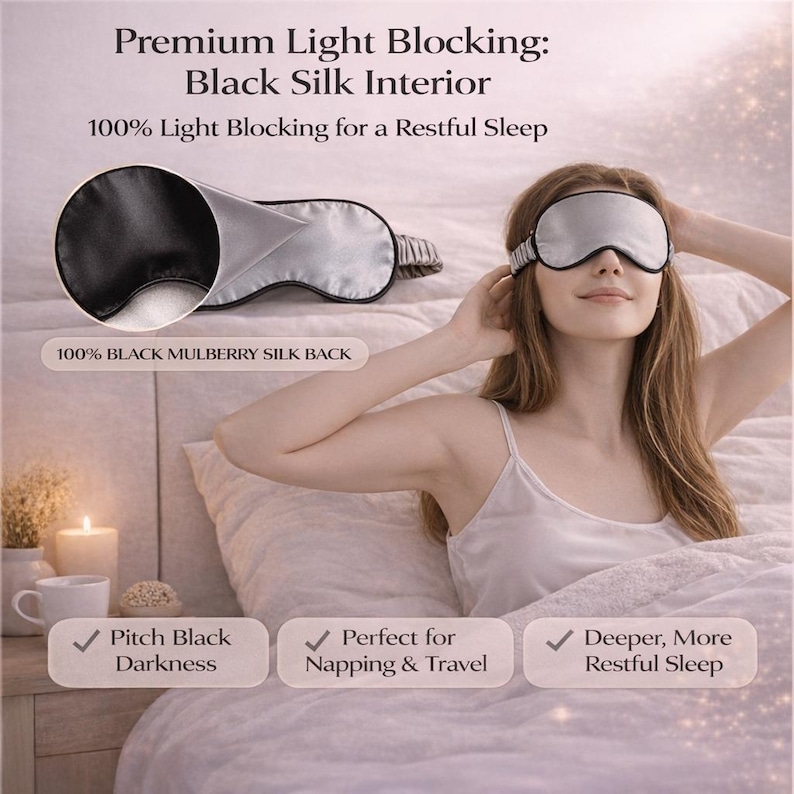 Op de afbeelding: Een lichtgrijze zijden slaapmasker met een zwart interieur, ontworpen om licht te blokkeren. Het masker wordt getoond op een persoon in bed, met de tekst "Premium Light Blocking: Black Silk Interior" en "100% Light Blocking for a Restful Sleep."