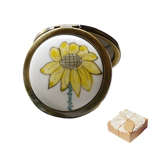 Hand Painted Sunflower Compact Mirror for Purses 1 X /10 X Magnifying Copper Round Hand Mirror Gifts for Women Handheld Travel Makeup Mirror
