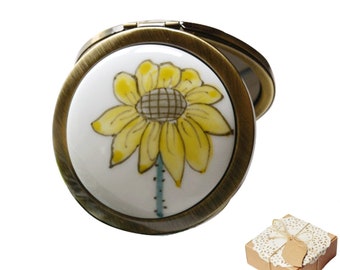 Hand Painted Sunflower Compact Mirror, 1x/10x Magnifying, Copper Frame