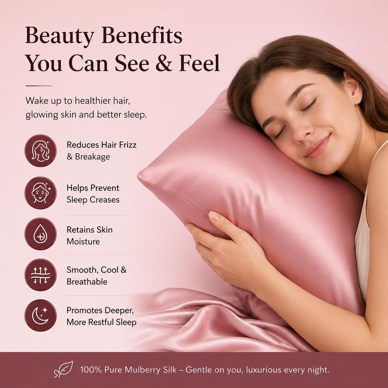 K&ouml;nnte beinhalten: Eine Frau ruht ihren Kopf auf einem rosa Seidenkissen. Das Bild enth&auml;lt den Text &bdquo;Beauty Benefits You Can See & Feel&ldquo; und listet Vorteile wie die Reduzierung von Frizz und die F&ouml;rderung eines erholsamen Schlafs auf. Der Text gibt auch an, dass das Kissen aus 100 % reiner Maulbeerseide besteht.
