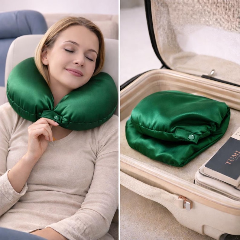 May include: A green travel neck pillow made of a silky material. The pillow is shown in use and folded inside a suitcase. The pillow has a button closure. The pillow is designed for comfort during travel.