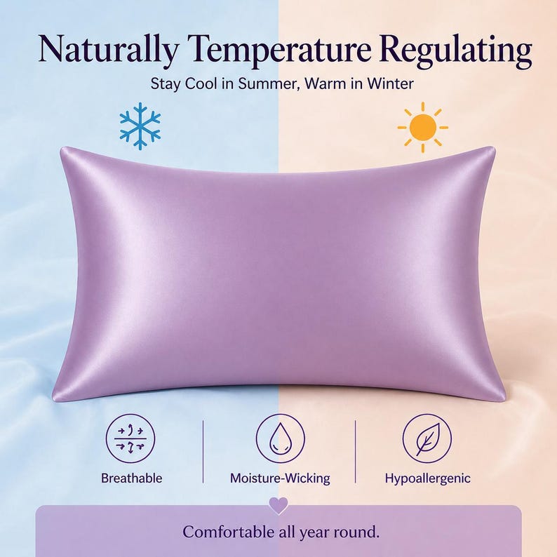 K&ouml;nnte beinhalten: Ein lavendelfarbenes Satin-Kissen wird vor einem Farbverlaufshintergrund gezeigt. Der Text oben lautet "Naturally Temperature Regulating". Zus&auml;tzlicher Text weist darauf hin, dass das Kissen atmungsaktiv, feuchtigkeitsableitend und hypoallergen ist, und "Komfortabel das ganze Jahr &uuml;ber."
