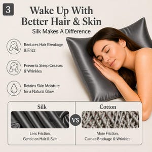 K&ouml;nnte beinhalten: Eine Frau liegt mit dem Kopf auf einem grauen Seidenkissen. Das Bild enth&auml;lt den Text "Wake Up With Better Hair & Skin" und hebt die Vorteile von Seide gegen&uuml;ber Baumwolle hervor, wie z. B. weniger Reibung und weniger Bruch.
