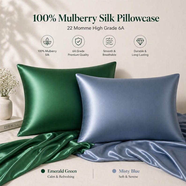 K&ouml;nnte beinhalten: Zwei Seidenkissenbez&uuml;ge, einer smaragdgr&uuml;n und einer nebelblau, werden gezeigt. Der Text oben lautet "100% Mulberry Silk Pillowcase" und "22 Momme High Grade 6A". Der smaragdgr&uuml;ne Kissenbezug ist quadratisch, der nebelblaue rechteckig.