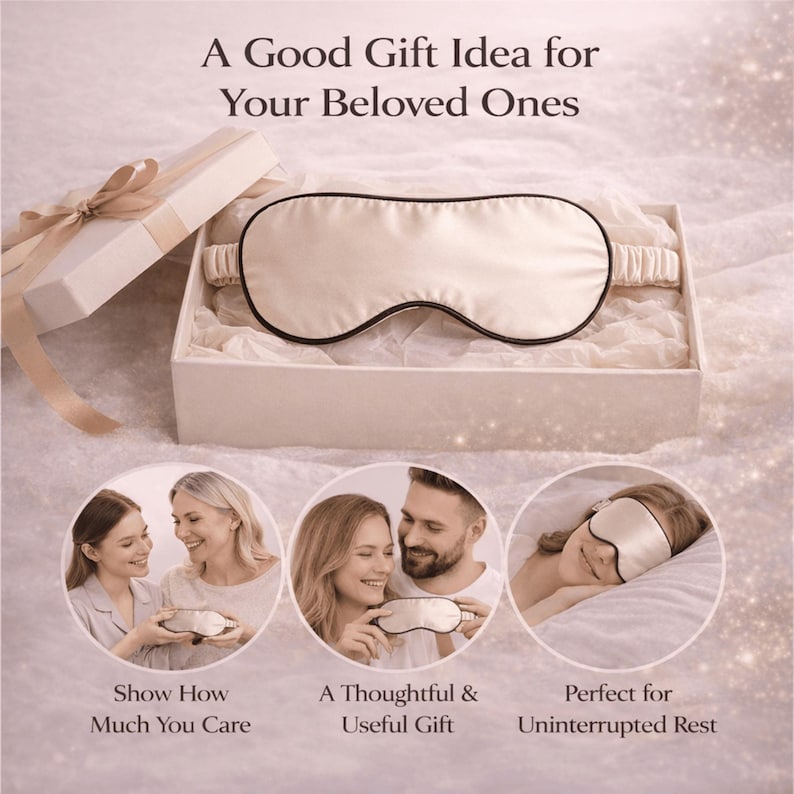 Op de afbeelding: Een cr&egrave;mekleurig satijnen slaapmasker met zwarte rand, gepresenteerd in een geschenkdoos met een lint. De tekst luidt: "A Good Gift Idea for Your Beloved Ones." De afbeelding toont ook mensen die het slaapmasker gebruiken.