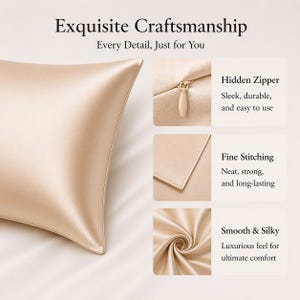 K&ouml;nnte beinhalten: Ein beiges Seidenkissen mit dem Text "Exquisite Craftsmanship" und "Every Detail, Just for You". Das Bild zeigt einen verdeckten Rei&szlig;verschluss, feine N&auml;hte und die glatte, seidige Textur des Kissenbezugs.