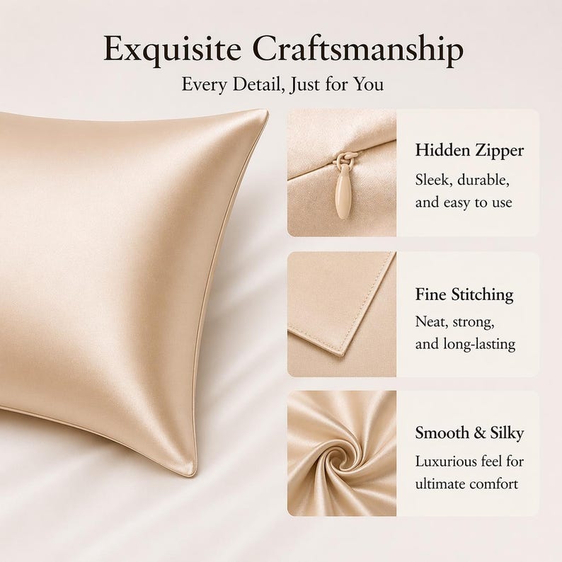K&ouml;nnte beinhalten: Ein beiges Seidenkissen mit dem Text "Exquisite Craftsmanship" und "Every Detail, Just for You". Das Bild zeigt einen verdeckten Rei&szlig;verschluss, feine N&auml;hte und die glatte, seidige Textur des Kissenbezugs.