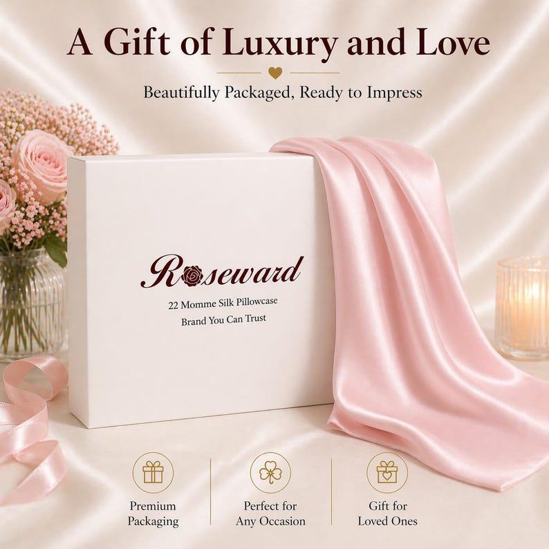 K&ouml;nnte beinhalten: Eine wei&szlig;e Schachtel mit dem Text "Roseward" und "22 Momme Silk Pillowcase" befindet sich neben einem drapierten rosa Seidenkissenbezug. Der Text "A Gift of Luxury and Love" und "Beautifully Packaged, Ready to Impress" stehen oben.