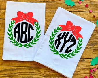 Custom Monogram Letter Christmas Wreath Kitchen Tea Towel | Holiday Decorations | Christmas Decor | Gifts for Her | Gifts for Them